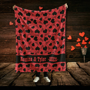 Bold Red Valentine's with Black Heart Pattern Fleece Blanket