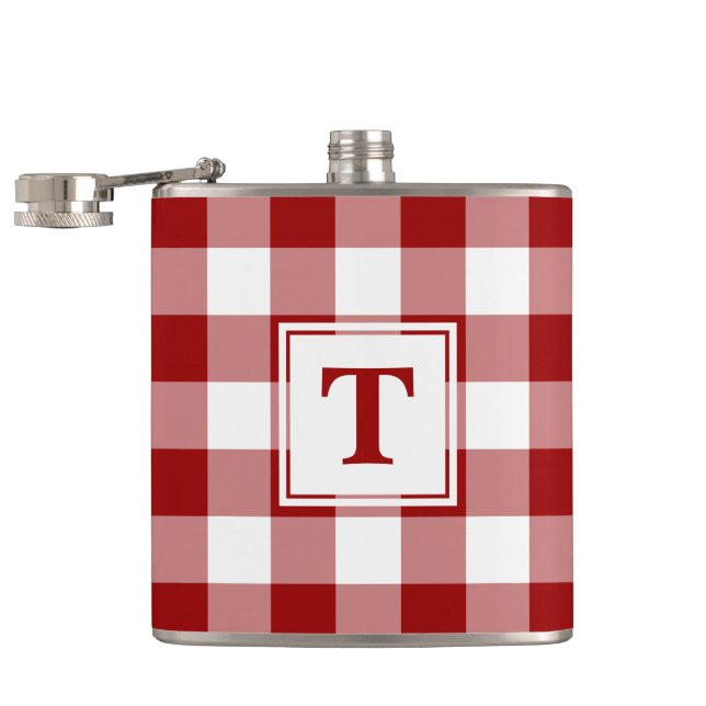 Bold Red White Plaid Pattern with Monogram Hip Flask (Opened)
