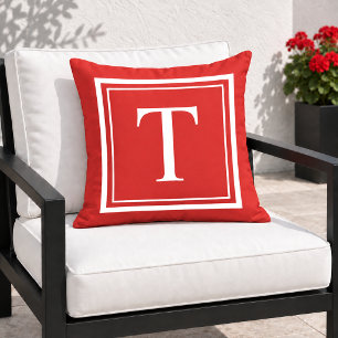 Bold Red White Square Frame Monogram Cushion