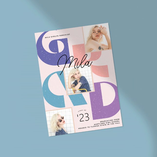 Bold Retro 3 photo Graduation Announcement (retro graduation card with fun bold typography
)