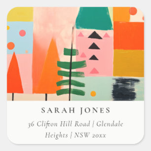 Bold Retro Abstract Christmas Landscape Address Square Sticker