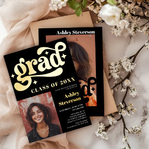 Bold Retro black Groovy 2 photos Graduation Party