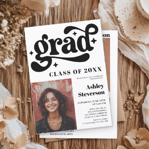 Bold Retro Black Groovy 2 photos Graduation Party Invitation