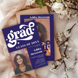 Bold Retro Blue Groovy 2 photos Graduation Party Invitation