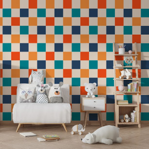 Bold Retro Chequerboard Orange Teal Navy Wallpaper