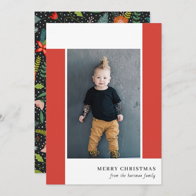 Bold Retro Citrus & Floral Red Christmas Photo Holiday Card (Front/Back)