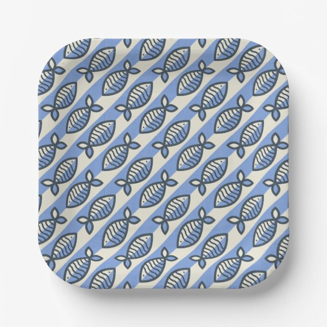 Bold retro fish blue paper plate (Front)