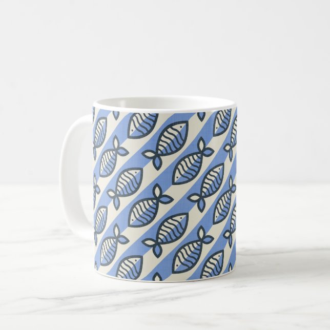 Bold retro fish blue throw pillow coffee mug (Front Left)