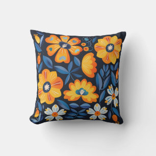 Bold Retro Floral Illustration in Orange and Blue Cushion