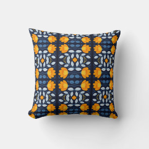 Bold Retro Floral Illustration in Orange and Blue Cushion