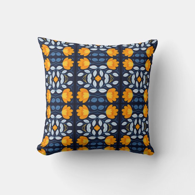 Bold Retro Floral Illustration in Orange and Blue Cushion (Front)