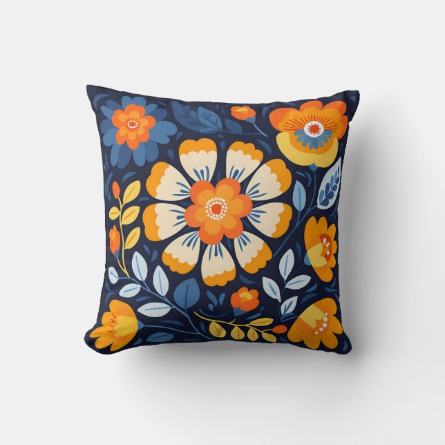 Bold Retro Floral Illustration in Orange and Blue Cushion (Front)