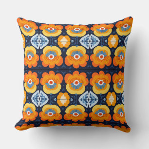 Bold Retro Floral Illustration in Orange and Blue Cushion