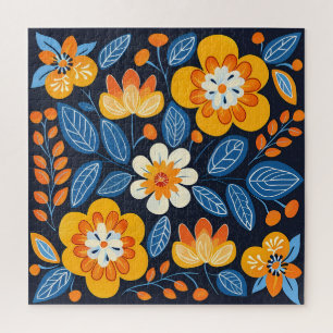 Bold Retro Floral Illustration in Orange and Blue Jigsaw Puzzle