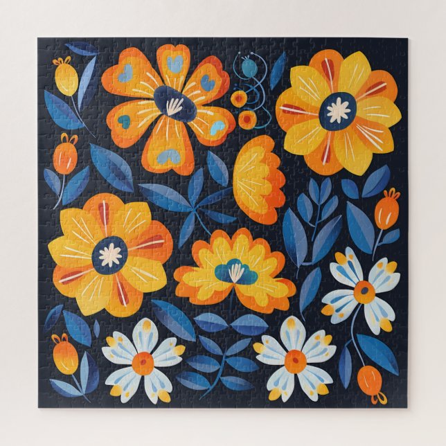 Bold Retro Floral Illustration in Orange and Blue Jigsaw Puzzle (Vertical)