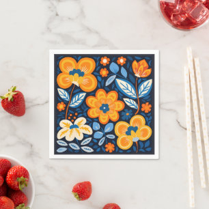 Bold Retro Floral Illustration in Orange and Blue Napkin