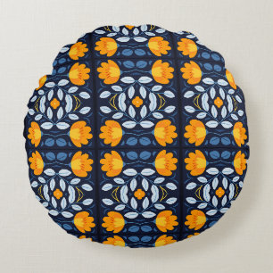 Bold Retro Floral Illustration in Orange and Blue Round Cushion