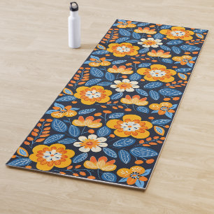 Bold Retro Floral Illustration in Orange and Blue Yoga Mat