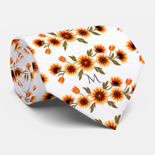 Bold Retro Floral Pattern in Orange Yellow Black Tie