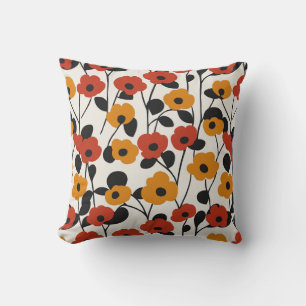 Bold Retro Floral Pattern Red, Orange, and Black Cushion