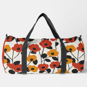 Bold Retro Floral Pattern Red, Orange, and Black Duffle Bag