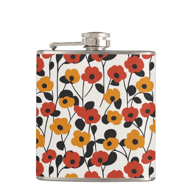 Bold Retro Floral Pattern Red, Orange, and Black Hip Flask (Front)