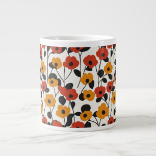 Bold Retro Floral Pattern Red, Orange, and Black Large Coffee Mug