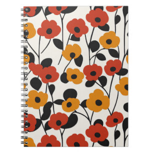 Bold Retro Floral Pattern Red, Orange, and Black Notebook