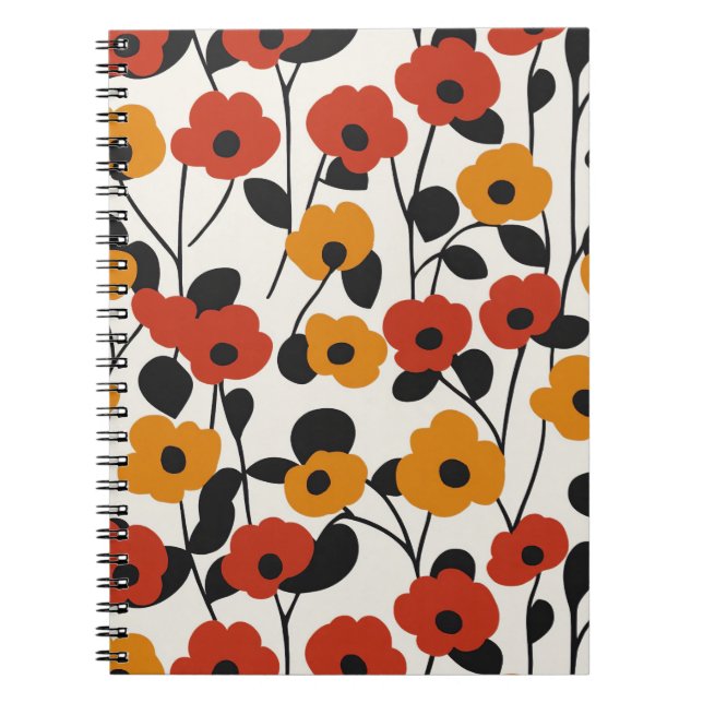 Bold Retro Floral Pattern Red, Orange, and Black Notebook (Front)