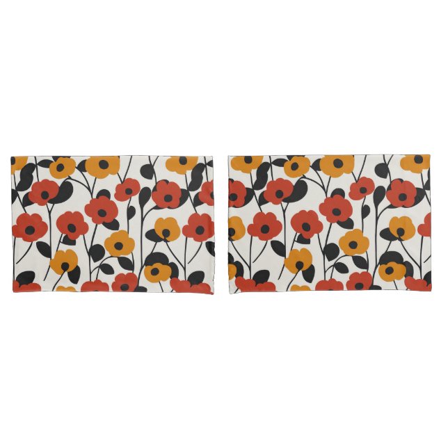 Bold Retro Floral Pattern Red, Orange, and Black Pillowcase (Front-Set)