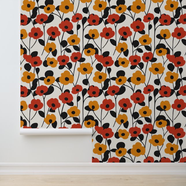 Bold Retro Floral Pattern Red, Orange, and Black Wallpaper (Application)