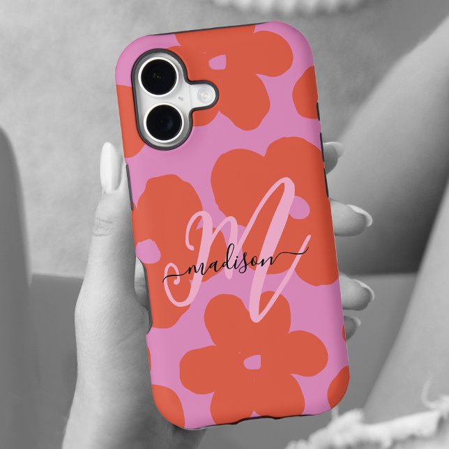 Bold Retro Flowers Pink and Orange with Monogram (Creator Uploaded)