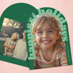 Bold Retro Green Photo Modern Arch Christmas Card