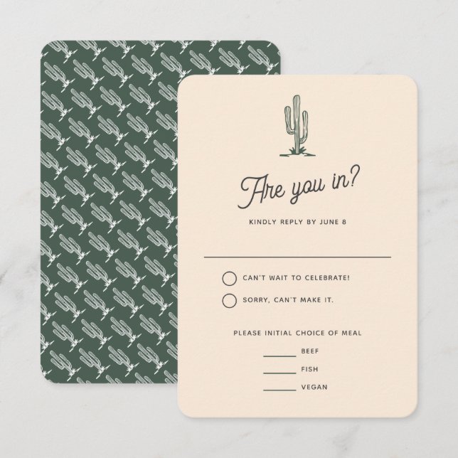 Bold Retro Green Saguaro Cacti Desert Wedding RSVP Card (Front/Back)