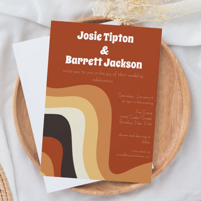 Bold Retro Groovy 70s Wavy Orange Brown Wedding Invitation (Creator Uploaded)