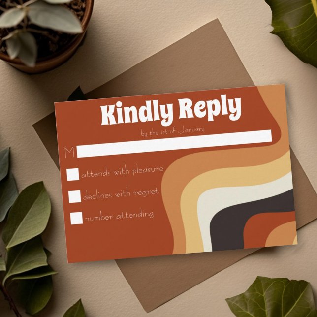 Bold Retro Groovy 70s Wavy Orange Brown Wedding RSVP Card (Creator Uploaded)