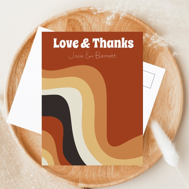 Bold Retro Groovy 70s Wedding Photo Love & Thanks Postcard (Creator Uploaded)