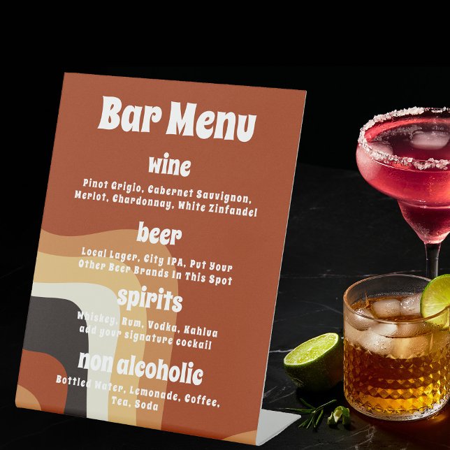 Bold Retro Groovy Orange 70s Boho Wedding Bar Menu Pedestal Sign (Creator Uploaded)