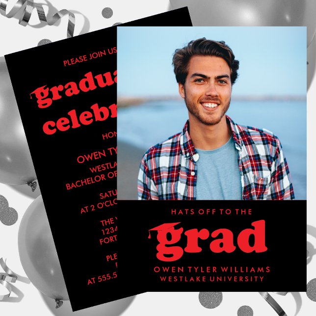 BOLD RETRO HATS OFF TO THE GRAD PHOTO GRAD INVITE (Creator Uploaded)