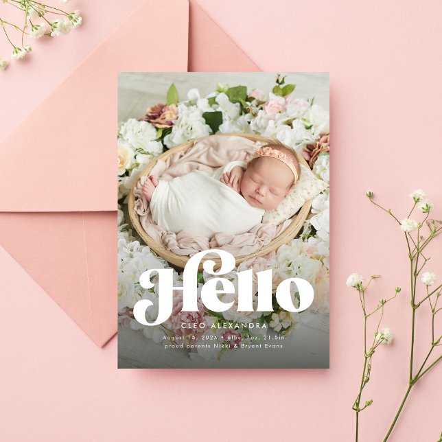 Bold retro hello cute photo pink birth announcement (Creator Uploaded)