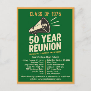 Bold Retro High School Reunion Pep Rally Megaphone Postcard