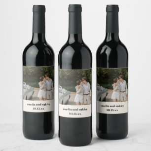 Bold Retro Ivory Wedding Photo Couple Names Date Wine Label