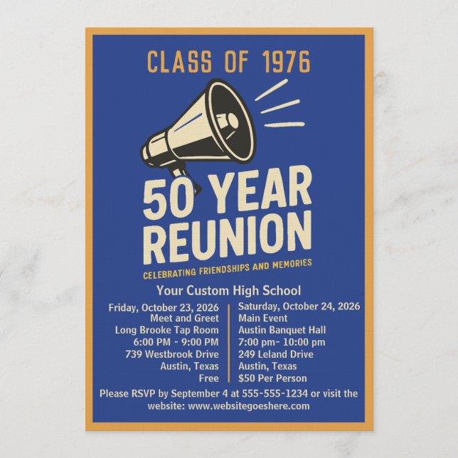 Bold Retro Megaphone 50 Year High School Reunion Invitation (Front)