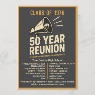 Bold Retro Megaphone 50 Year High School Reunion Invitation