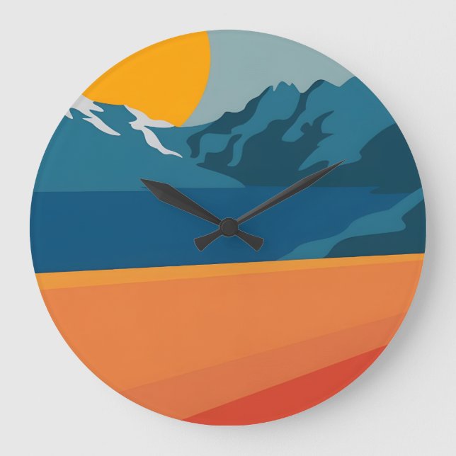 Bold Retro Mountain Scene – Red and Blue Minimalis Large Clock (Front)