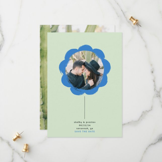 Bold Retro Painted Flower Frame Photo Wedding Save The Date (Front/Back In Situ)