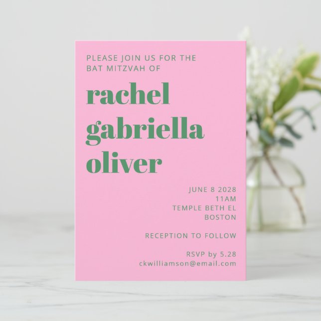 Bold Retro Pink and Green Simple Cute Bat Mitzvah Invitation (Standing Front)