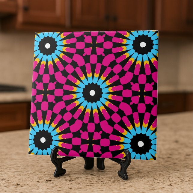 Bold Retro Pink Blue Black Geometric Mandala Ceramic Tile (Creator Uploaded)