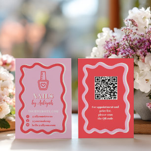 Bold Retro Pink Groovy Nails Artist QR Code Business Card