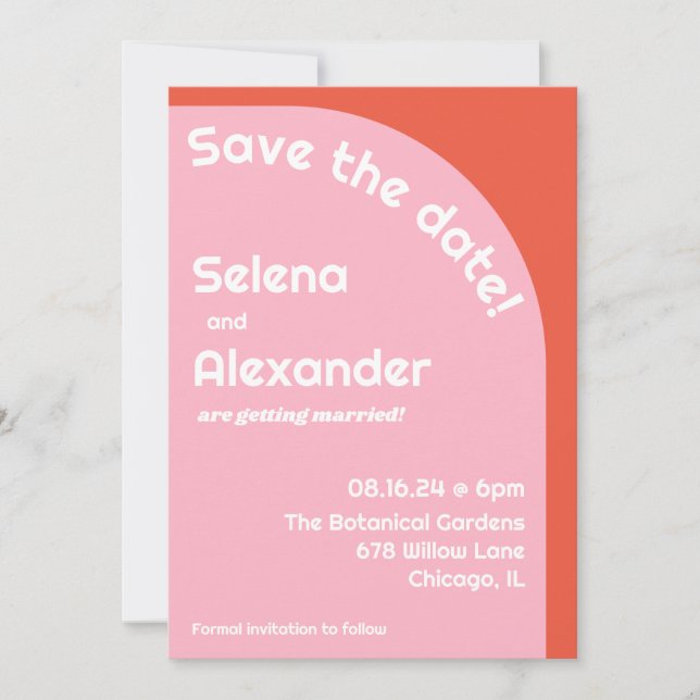 Bold Retro Pink & Orange Brightly Coloured Wedding Save The Date (Front)